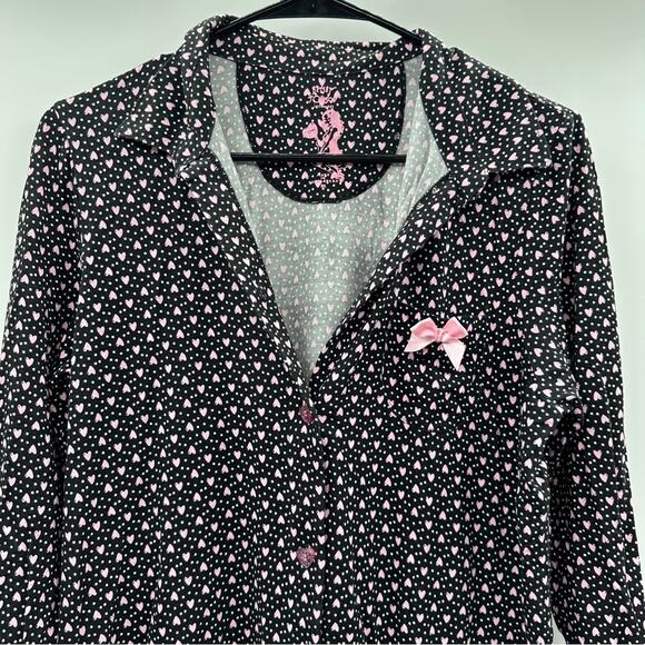 Betsey Johnson Black & Pink Heart Print 3/4 Sleeve Button Down Sleep Dress Sz M - Picture 2 of 8